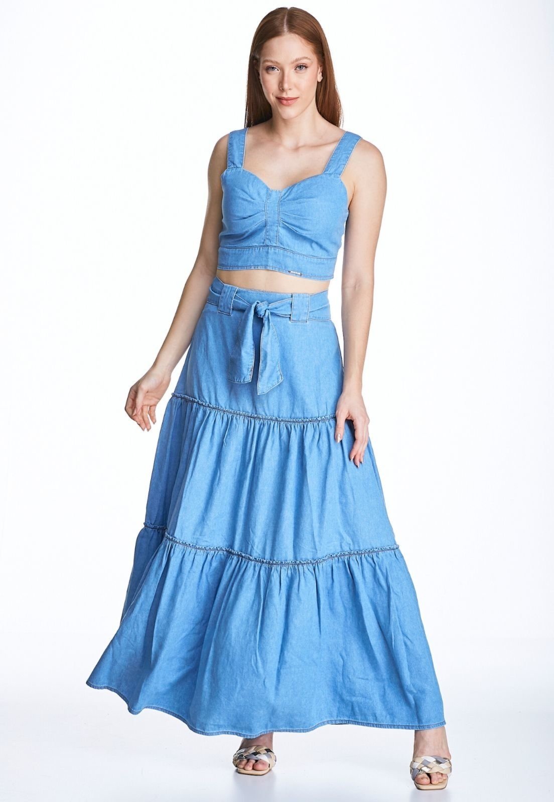 Conjunto Jeans HNO Jeans Saia e Cropped Azul Sky