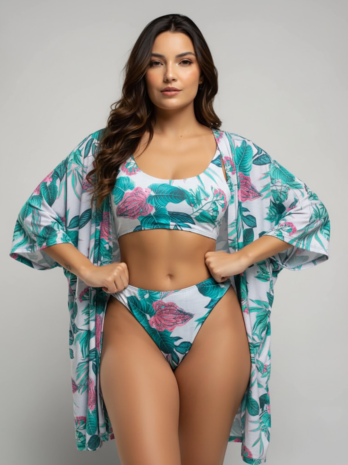 Conjunto Vicbela Biquíni Top Faixa Bojo Removível Fio Duplo Asa Delta + Saída de Praia Kimono Verde