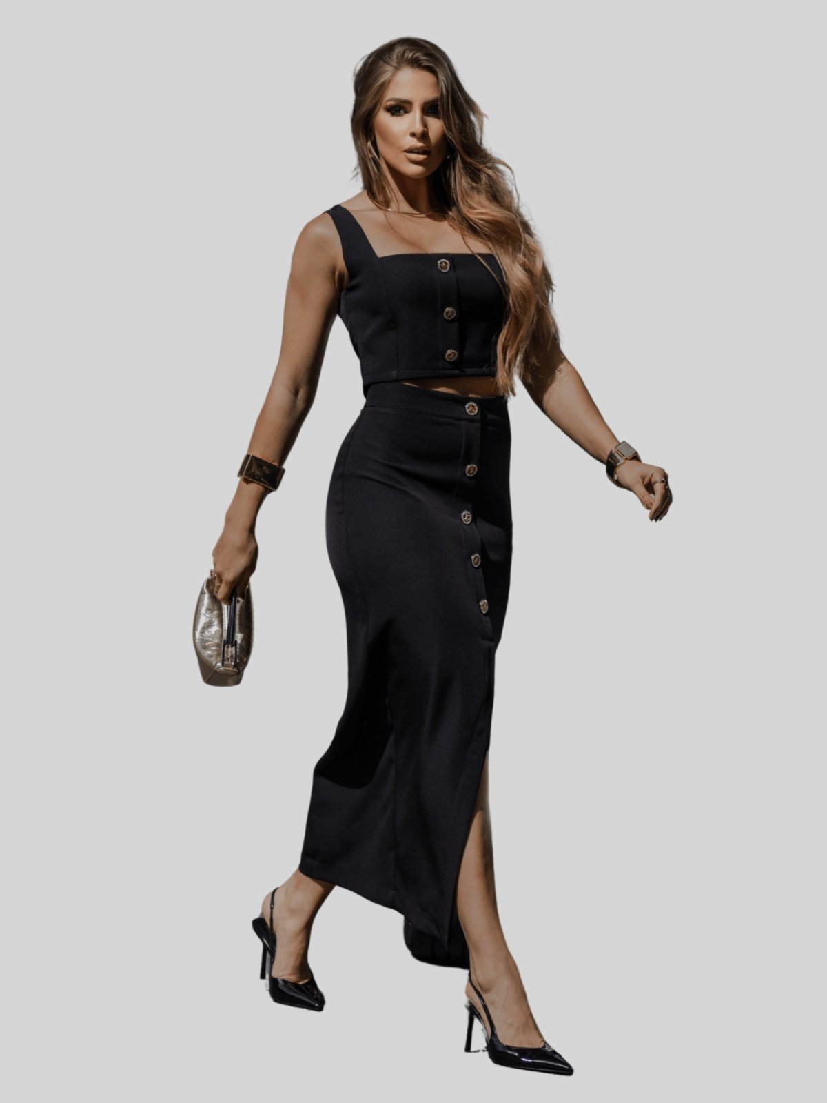 Conjunto Miss e Misses Nubia Saia C/Cropped C/Botoes Preto