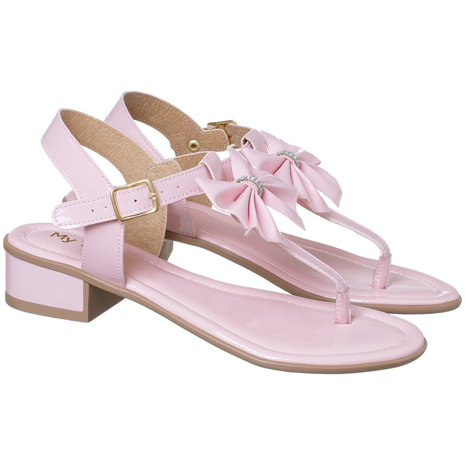 Infantil - Sandalia Feminina Rosa Salto Baixo Elegante Laço Strass Delicado Pepite