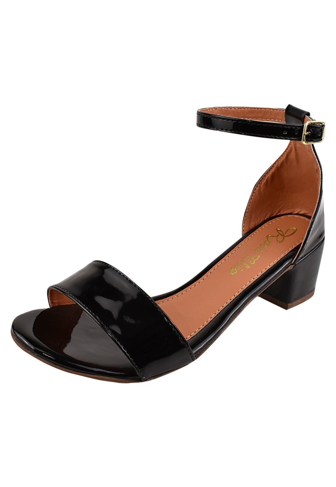 Sandália Salto Grosso Rosa Chic Calçados Feminino Salto Baixo Bloco Bico Redondo Preto