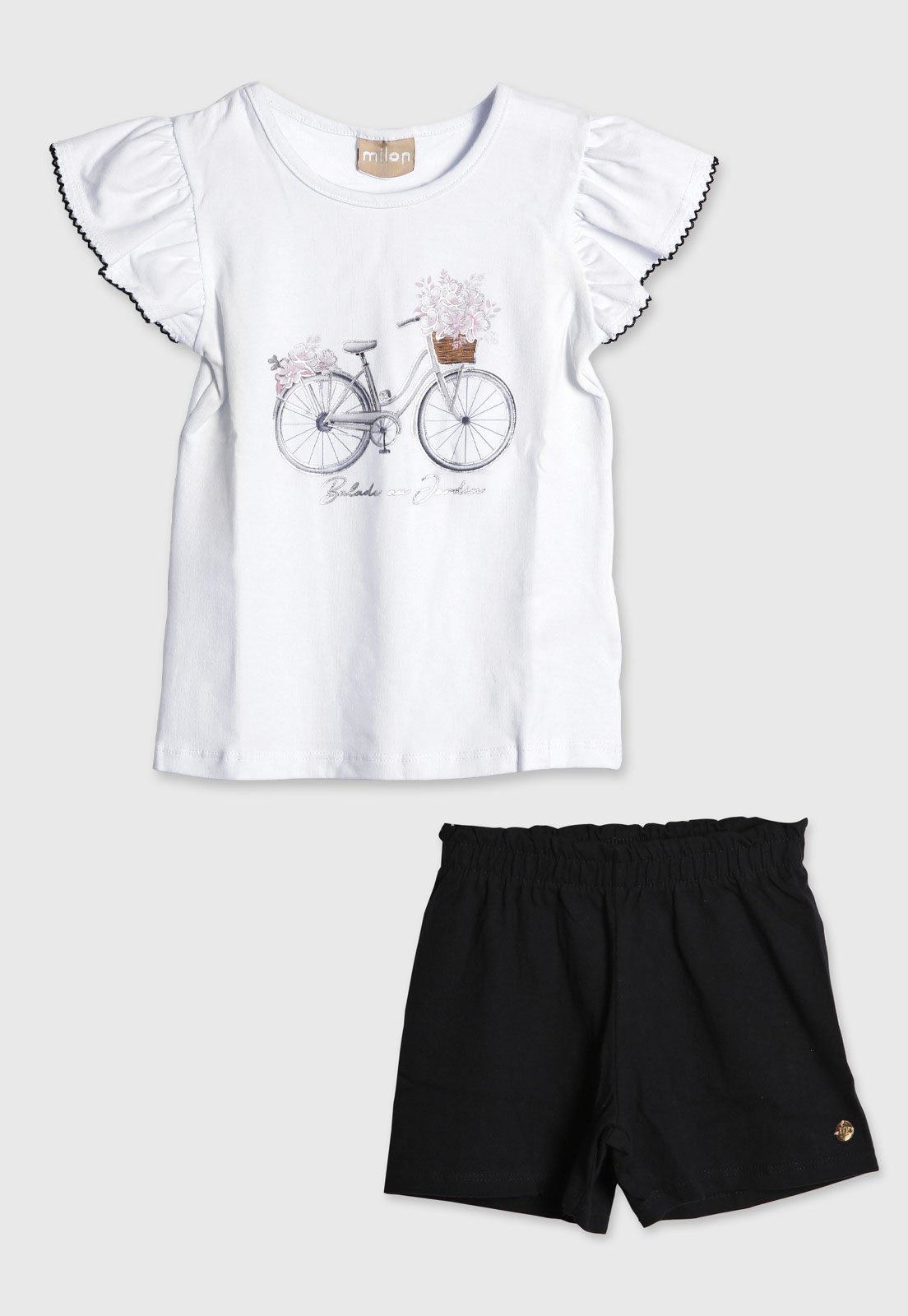 Infantil - Conjunto Milon Blusa Babados Estampa Bicicleta e Short Branca