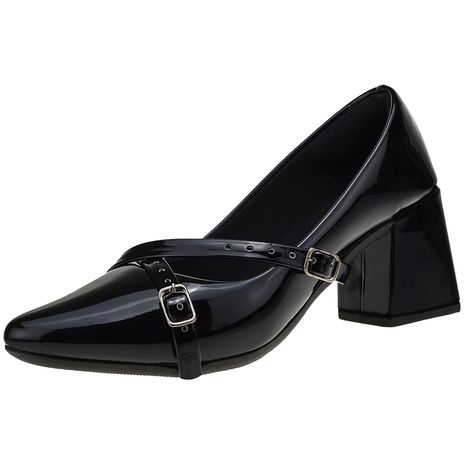 Vista 2 Scarpin Feminino Bico Fino Sapato Boneca Mary Jane Social Shekinah Tiras Fivela preto Shekinah preto