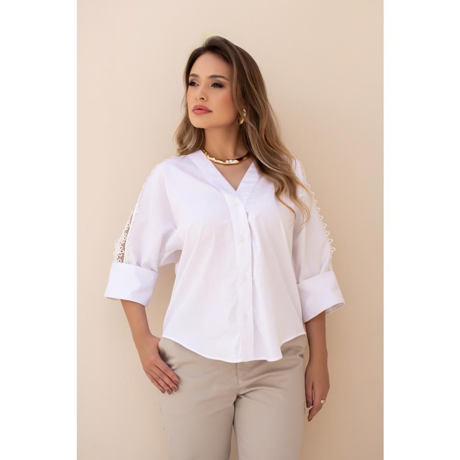 Camisa Feminina De Algodão Estilo Bata Branca Preta