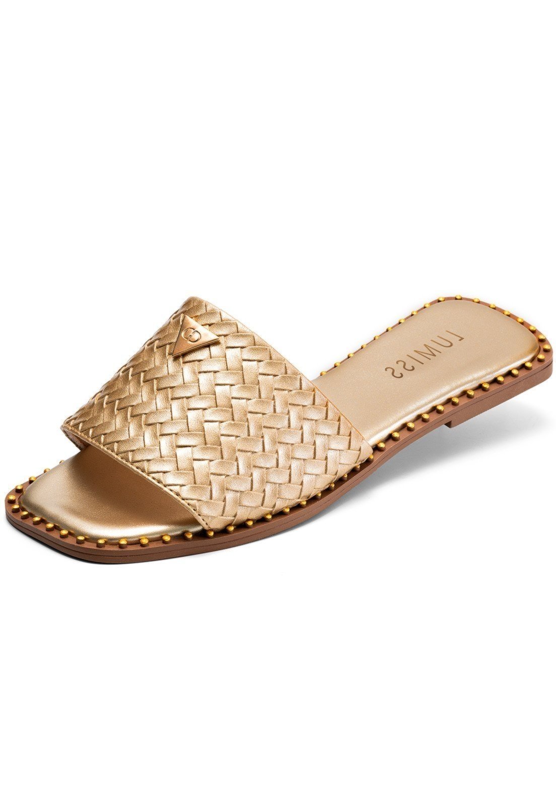Sandália Rasteira Feminina Lumiss Confortável Bico Quadrado Juta Dourado