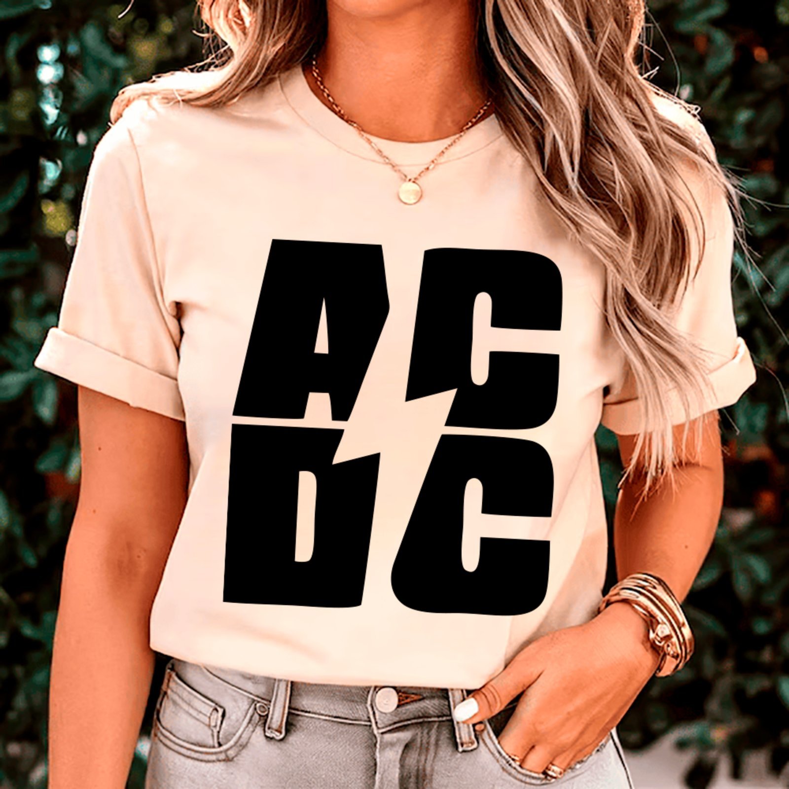 Vista 2 Camiseta Ousy Básica AC DC Logo Simples Rock And Roll Unissex Off White off-white white ousy off-white white