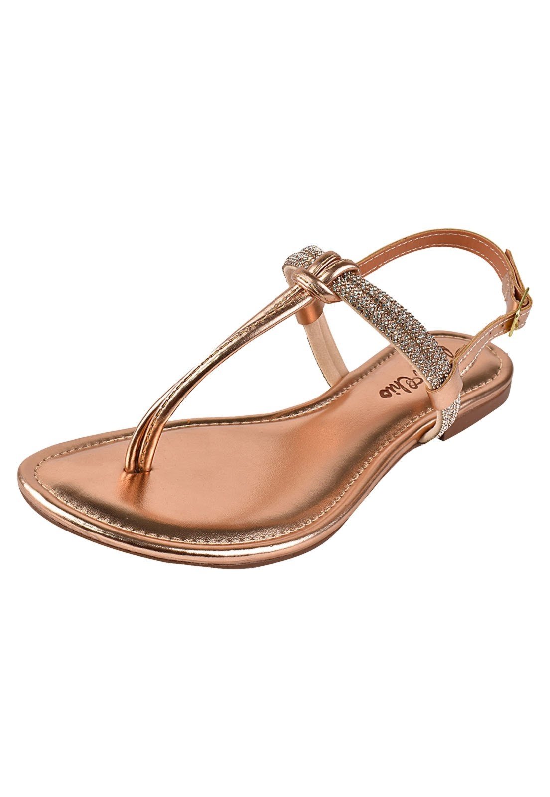 Rasteirinha Rosa Chic Calçados Sandália Flat Strass Cobre