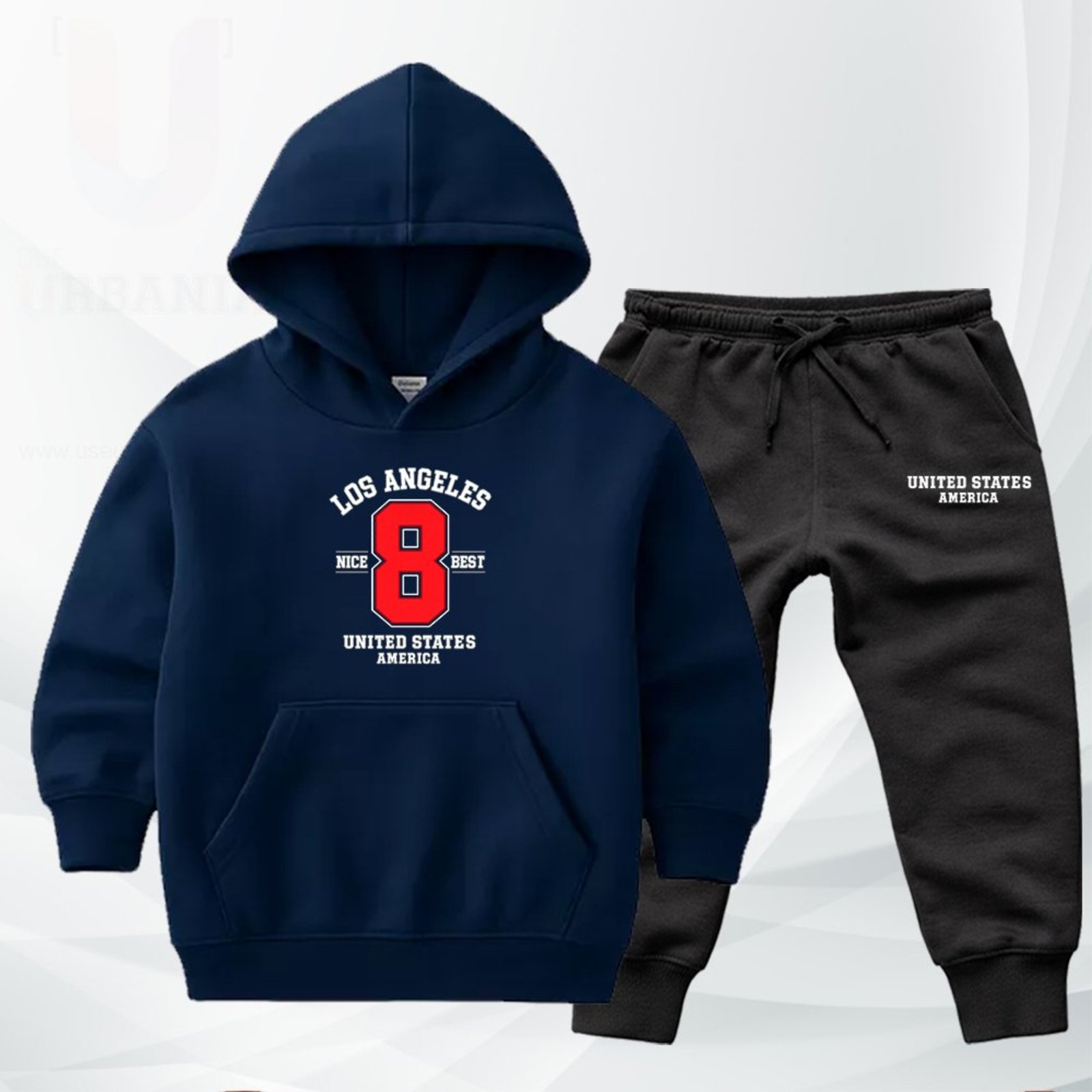 Infantil - Conjunto Moletom Urbania Moleton escola Canguru Fechado com Bolso e Capuz Azul Marinho Escuro estampa Los Angeles Nice Best United states america