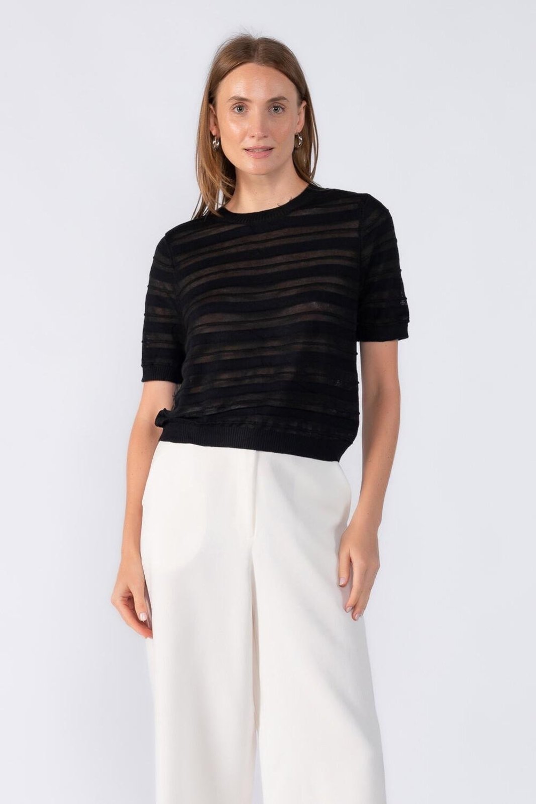 Blusa listrada manga curta Preto