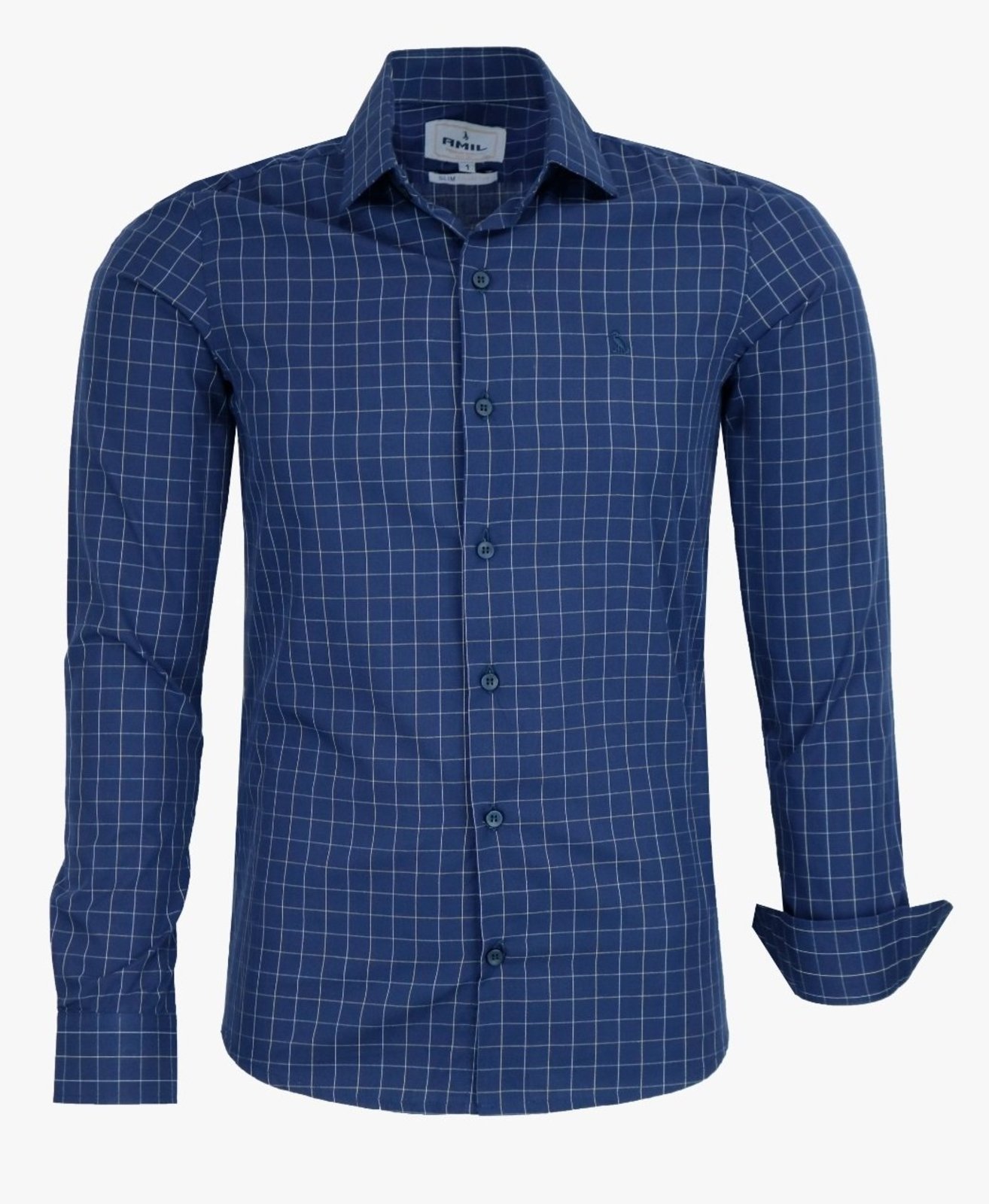 Camisa Social Amil Slim Ponyta Algodão Micro Xadrez Manga Longa Luxo Marinho