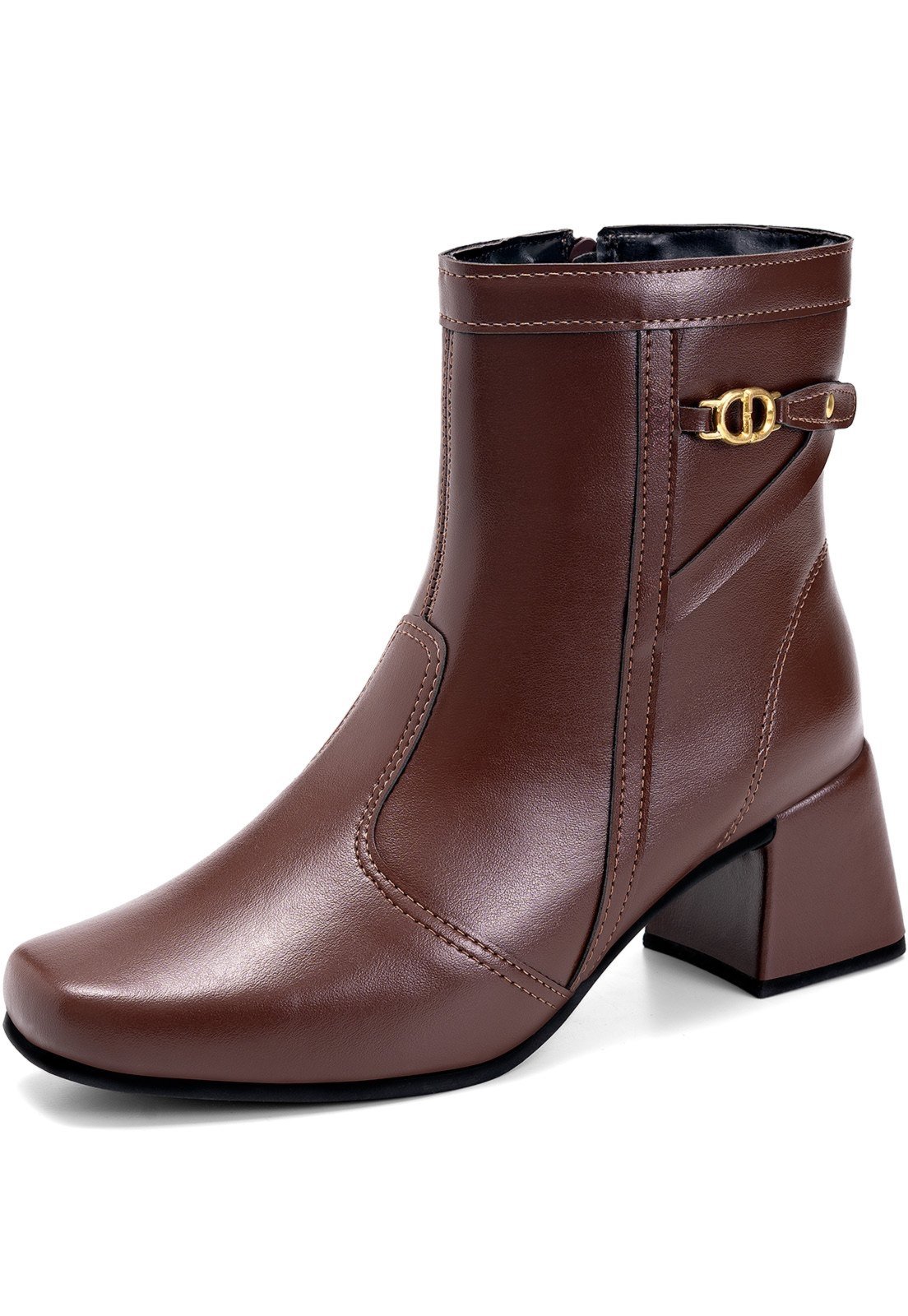 Bota Feminina Lumiss Salto Bloco Baixo Cano Curto Detalhe Metal Marrom