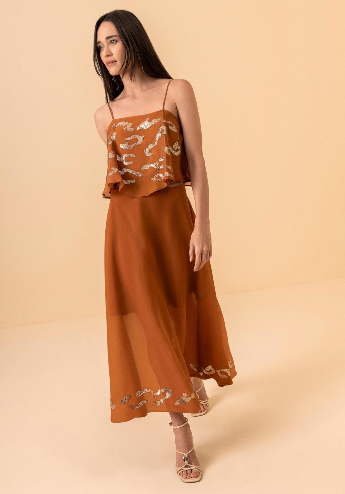 Blusa Curta Fluida De Alças Com Paetês E Transparência
