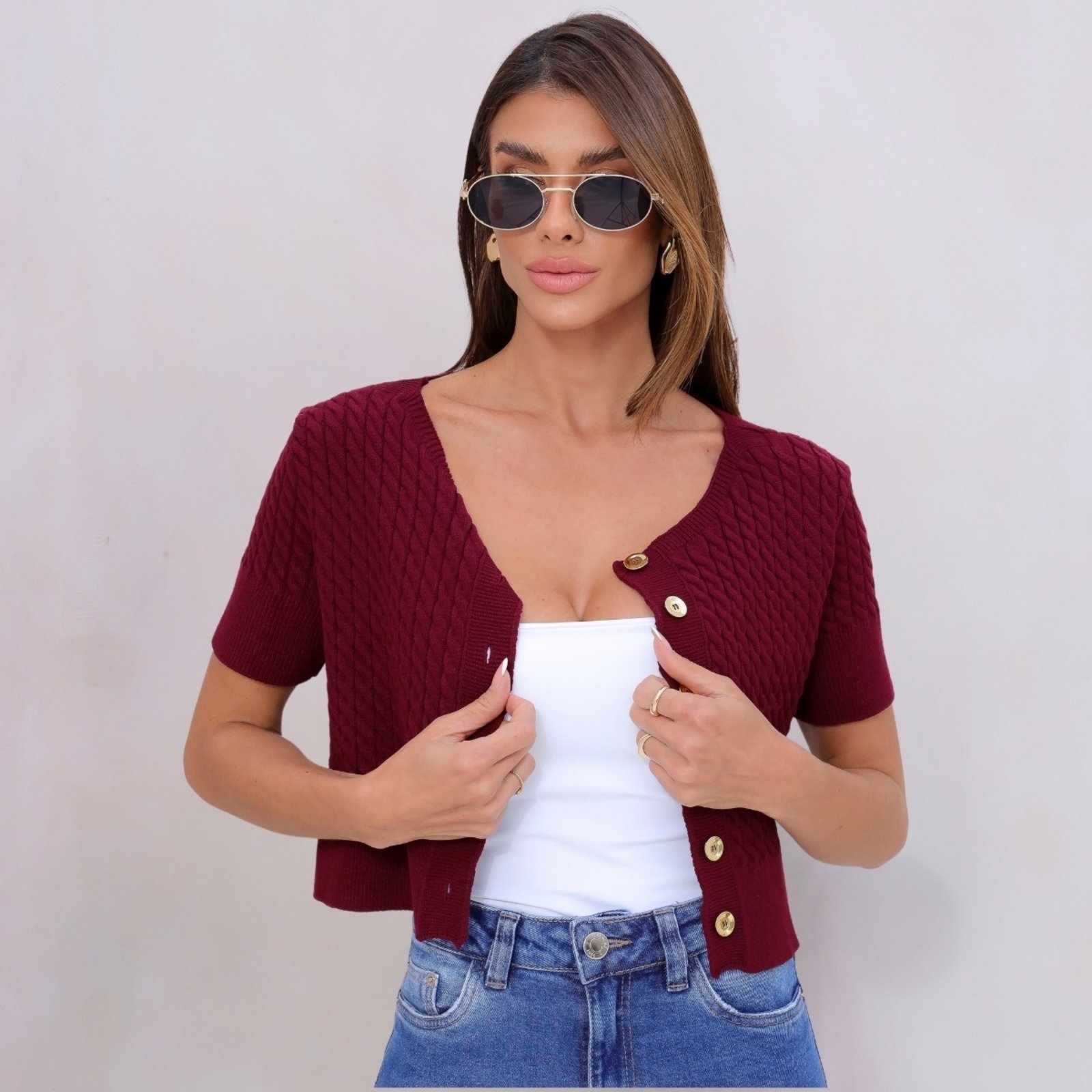 Blusa Tricot Cropped Com Botões Feminina Revanche Antipirgo