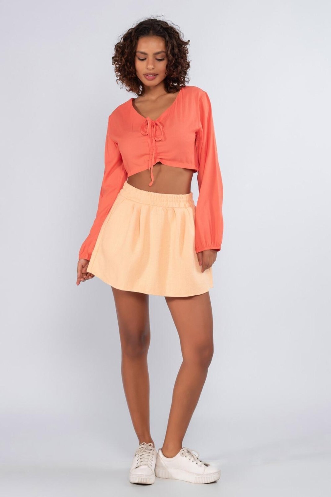 Cropped viscose manga longa busto franzido Laranja