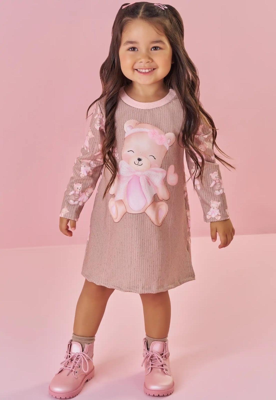 Infantil - Vestido Manga Longa Urso Marrom Kukiê 1 Unico