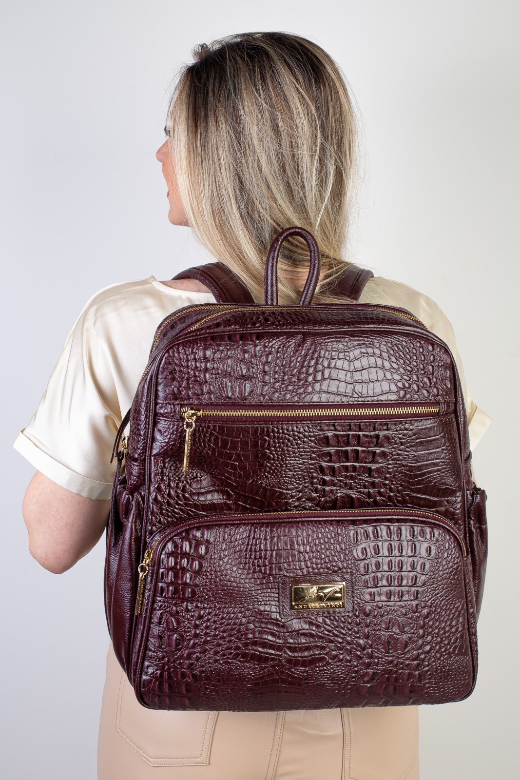 Mochila grande de couro croco Zooey - Marsala