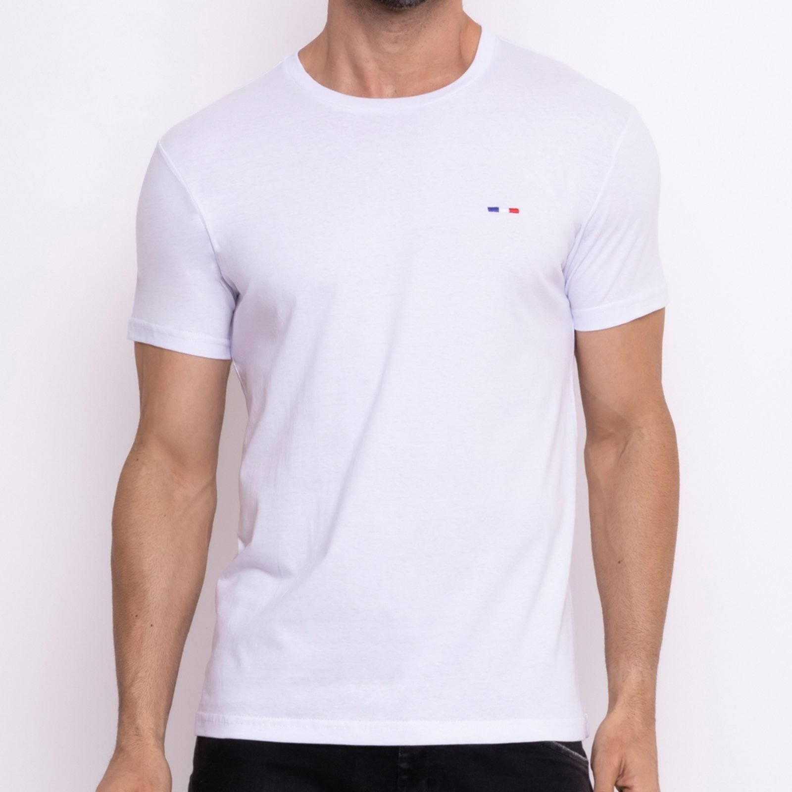 Vista 3 Kit 3 Peças Camisetas Básicas Masculina FMF Vermelho Chumbo em Algodão Premium no Estilo Tommy Bordado França branco FMF branco