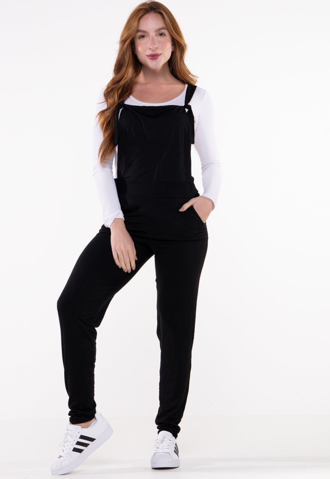 Jardineira Bravaa Store Longa Macacão Feminino Macaquinho Skinny Moda Jogger 278 Preto