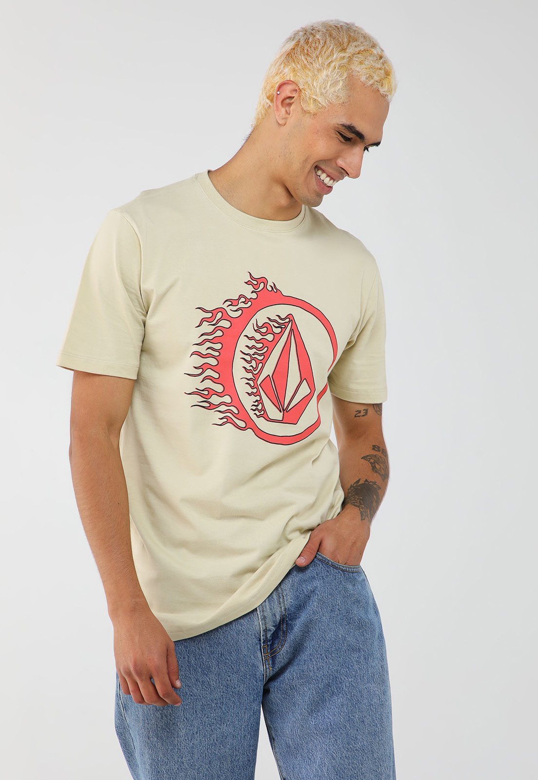 Camiseta Masculina Volcom Silk Circle Stone Bege