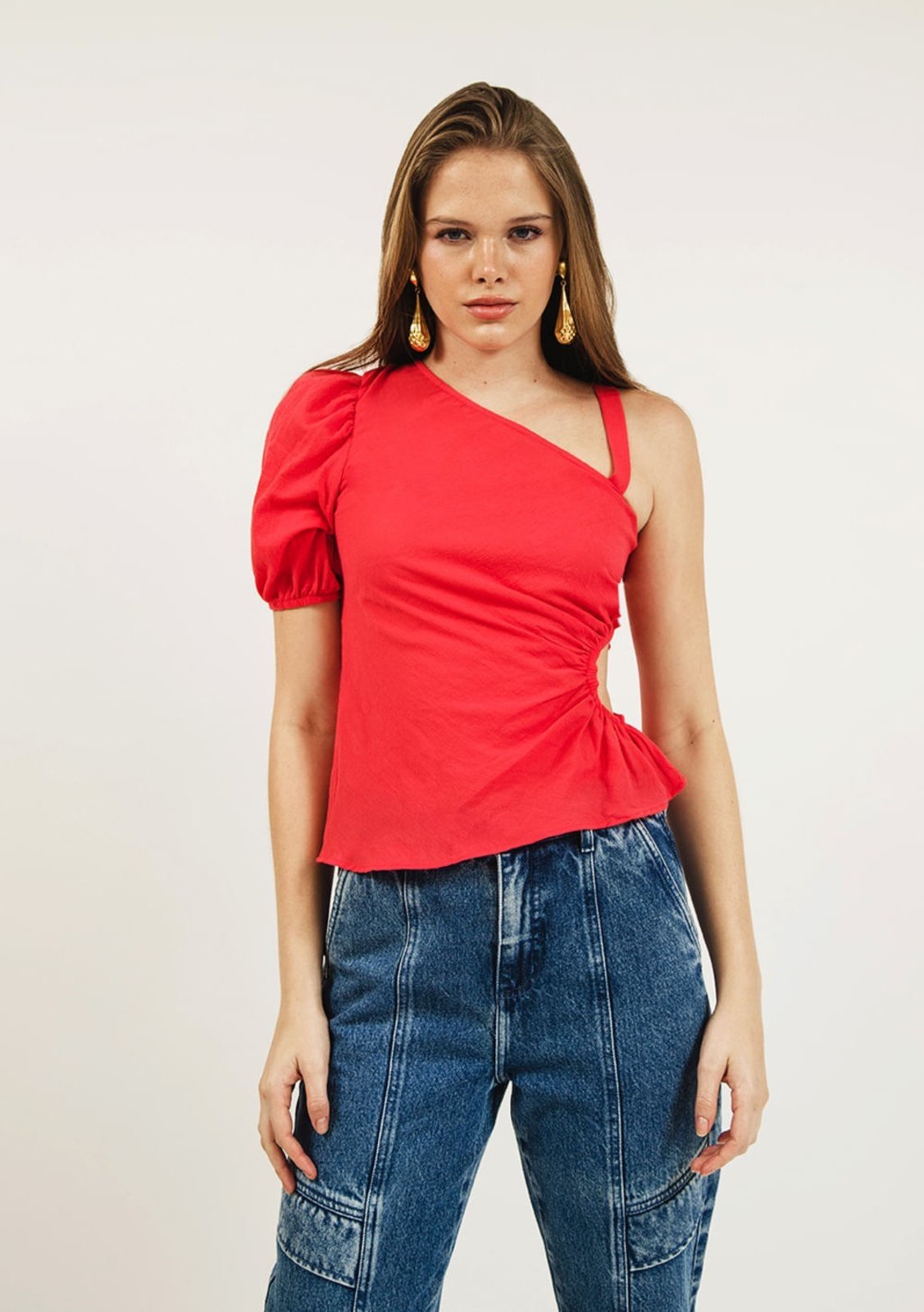 Blusa Zinco Ombro Só Manga Curta Com Franzido Rosa
