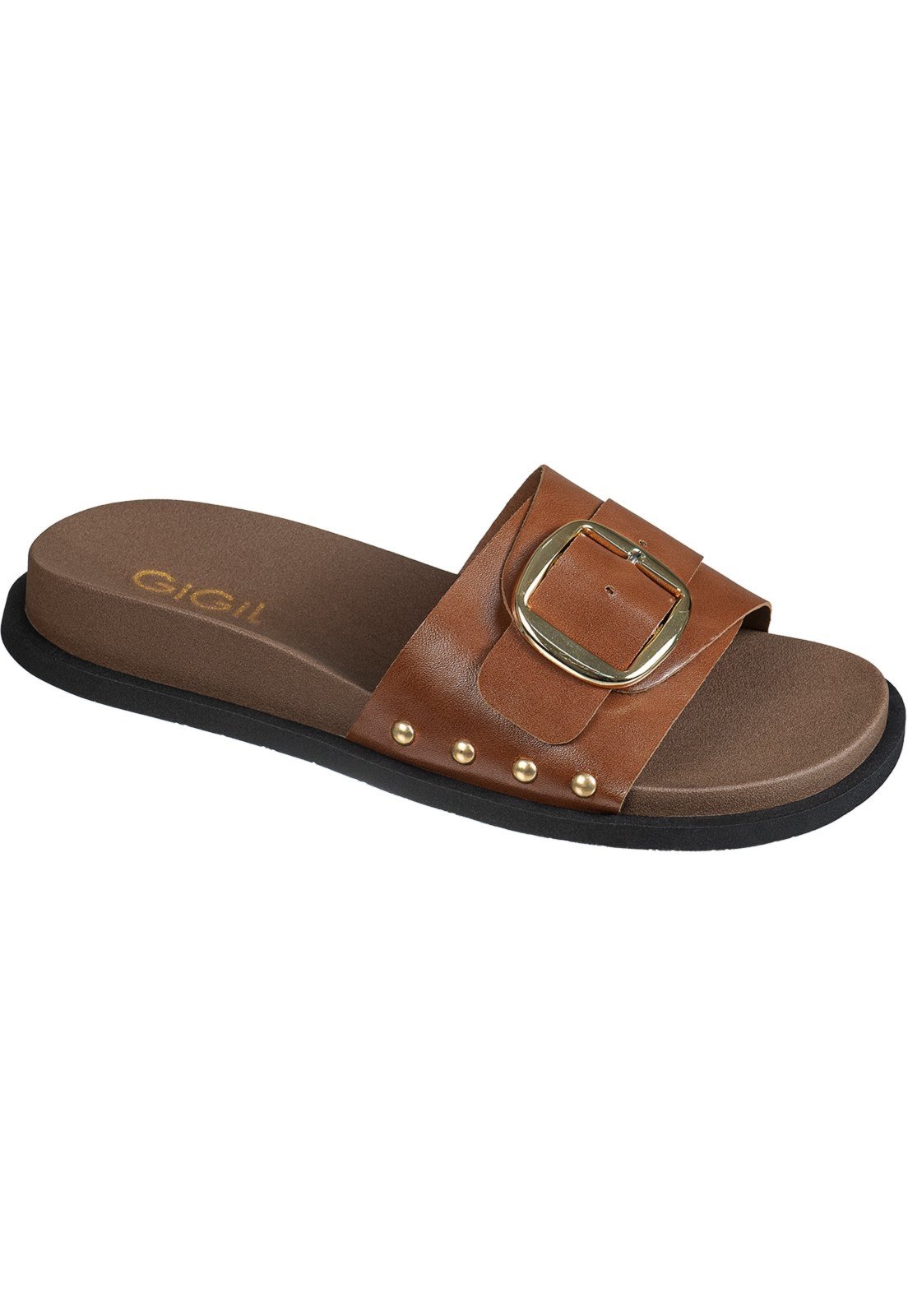Vista 2 Sandália Feminina Papete GiGiL Slide Tachas Metalizadas Fivela caramelo Gigil caramelo