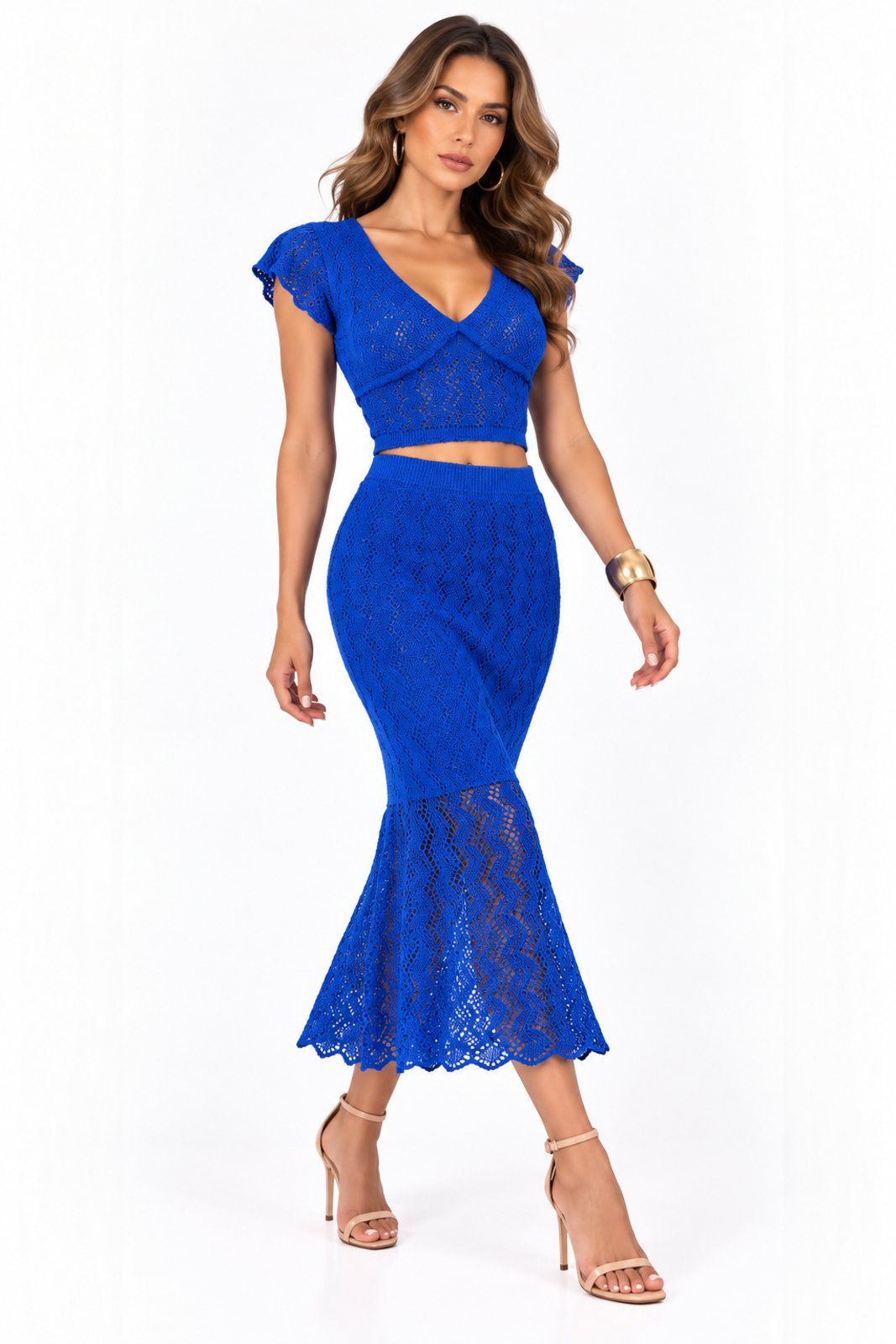 Conjunto Feminino Tricôt D Bell Outlet Fashion Midi Decote V Azul Royal