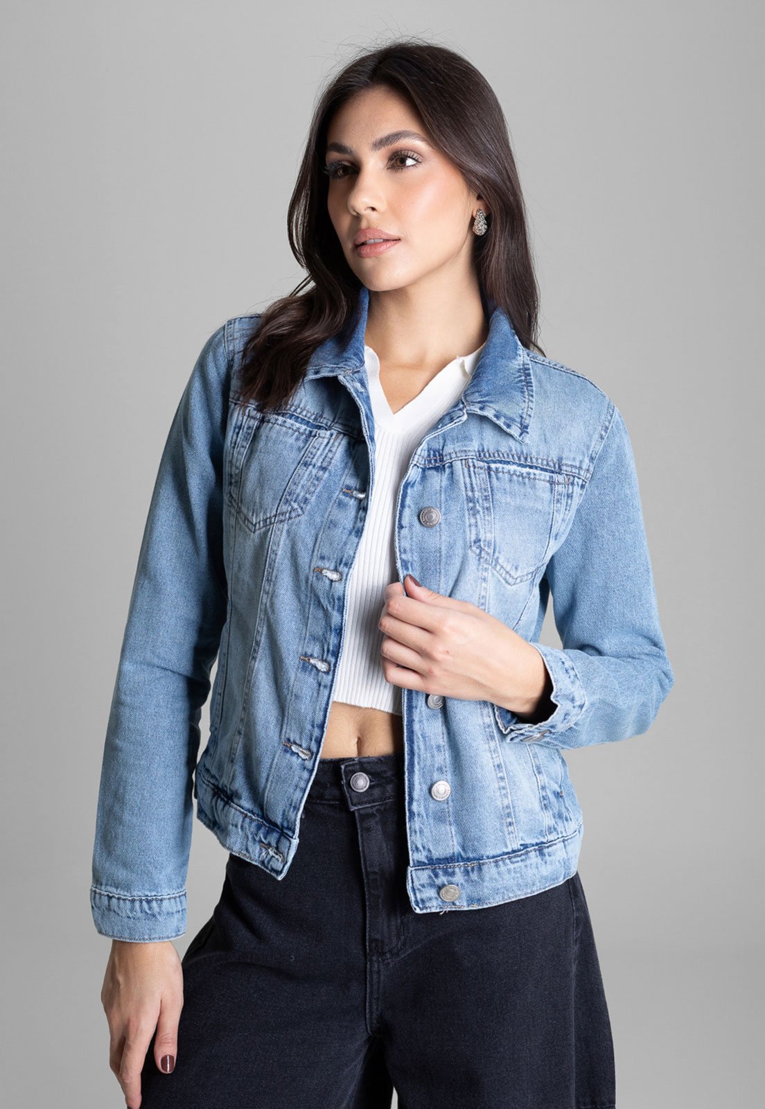 Jaqueta Jeans Feminina Sawary Cropped Azul