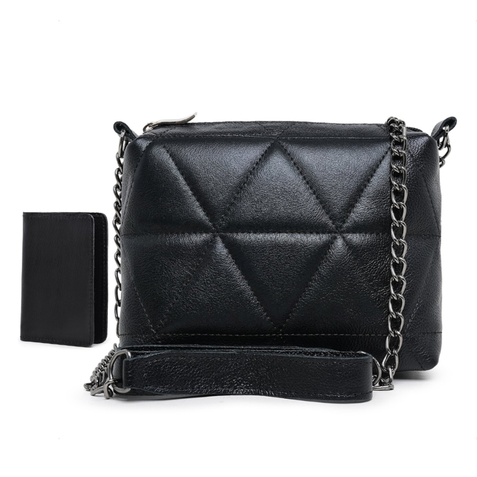 Bolsa Feminina Nécessaire Preta De Ombro Couro legitimo Alça Removível Corrente E Ombreira Bordado Triangulo Carteira