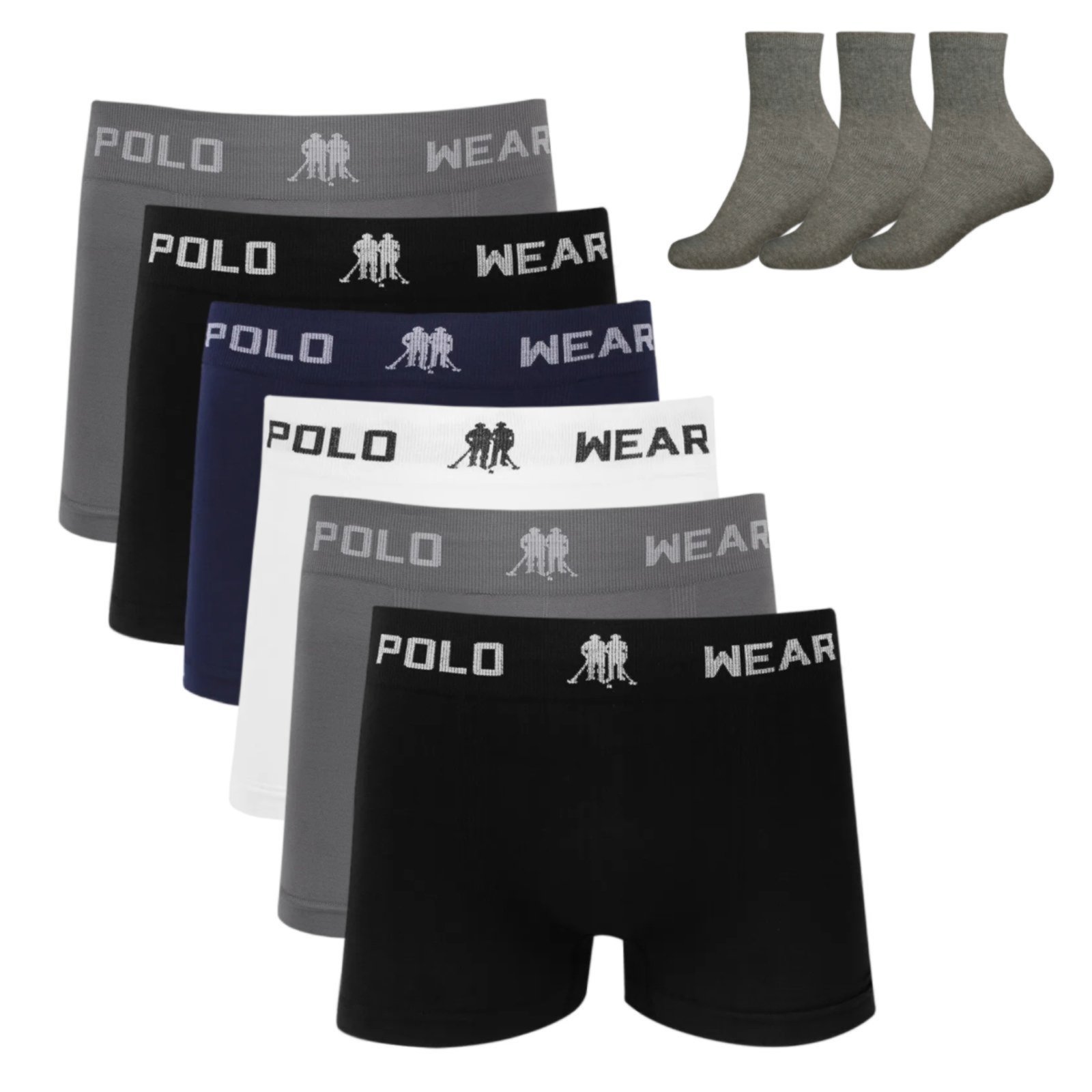 Kit 6 Cueca Boxer Polo Wear Microfibra Sortido + 3 Meias M12 Colorido