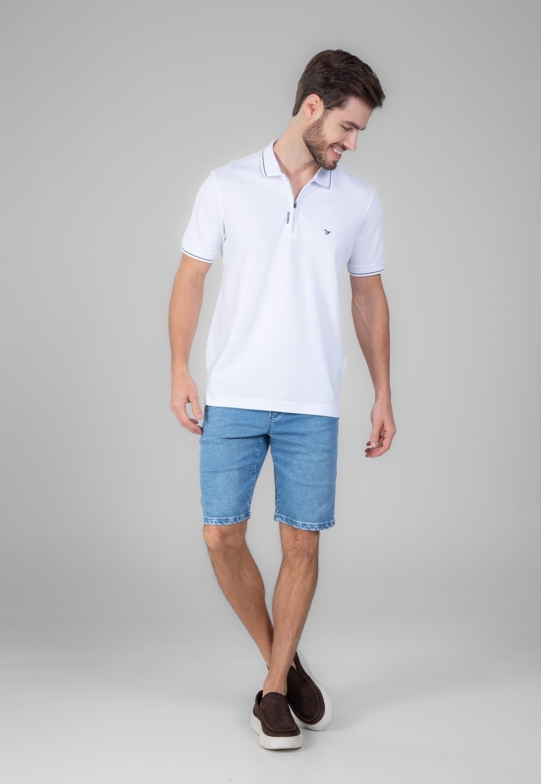 Polo Piquet Pima Traymon Slim Com Zíper Branco