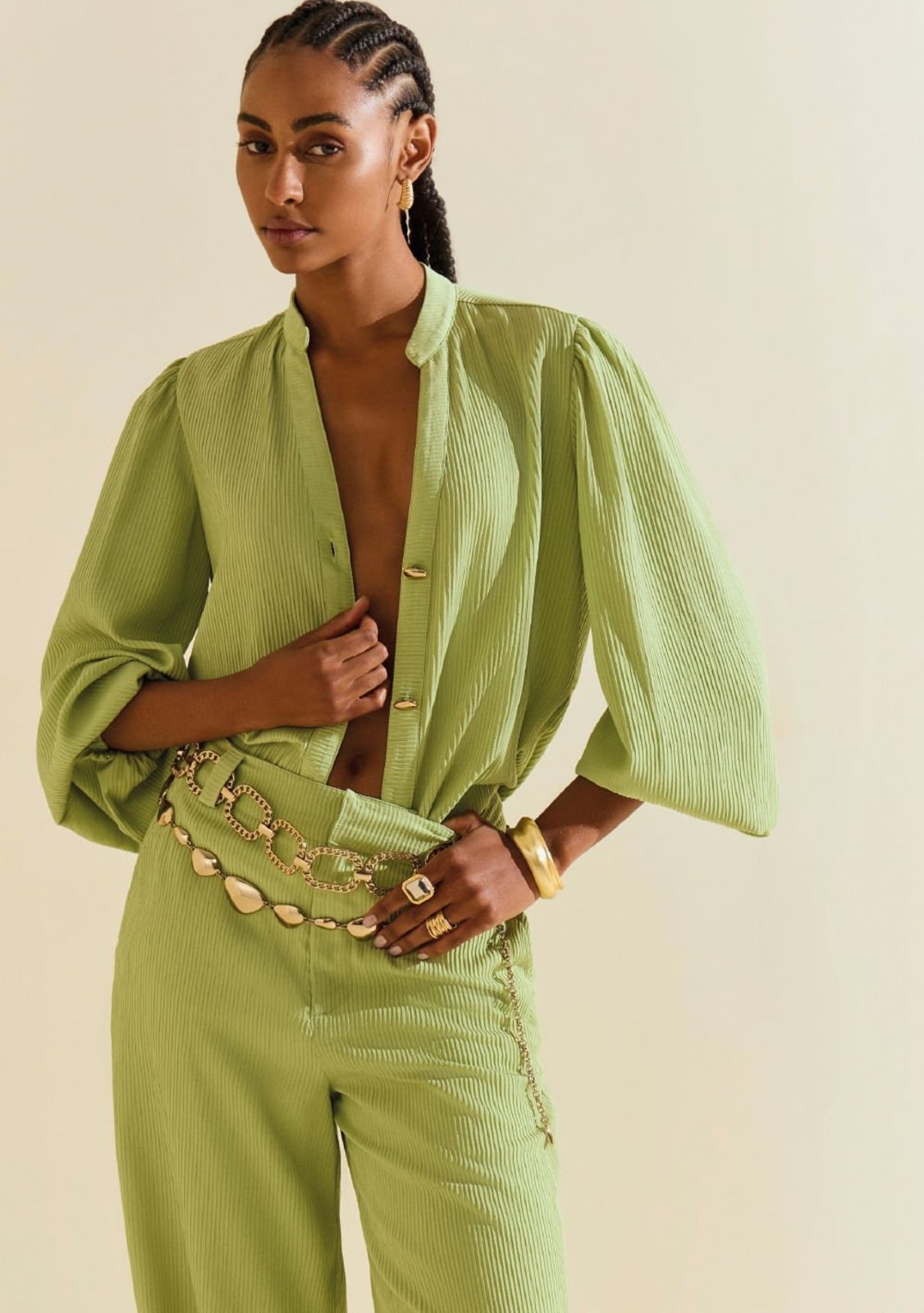Camisa Morena Rosa Solta Gola Padre Manga Longa Alongada Verde