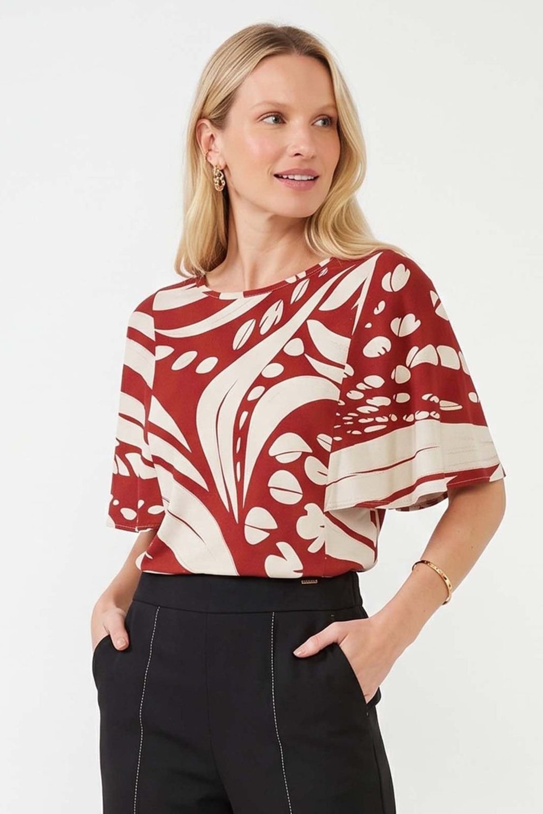Blusa Feminina Estampada Manga Ampla Marialícia Laranja