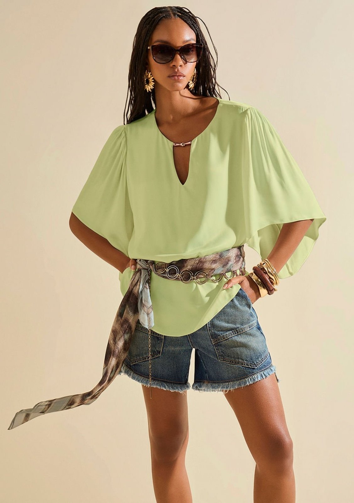 Blusa Morena Rosa Solta Decote Careca Manga 3 Quartos Padrão Verde