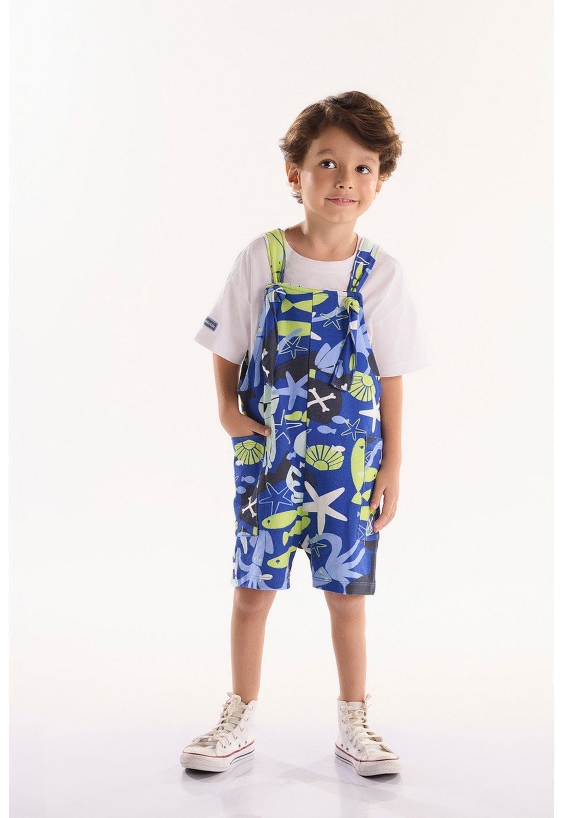 Infantil - Conjunto para Menino oMar com Camiseta e Jardineira Três e Já Branco