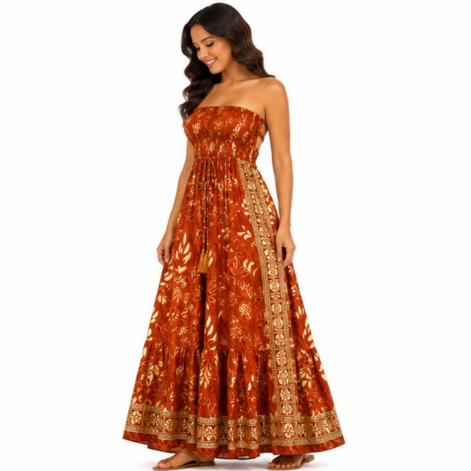 Vestido Longo Feminino Indiano Tomara que Caia com Lastex Marrom