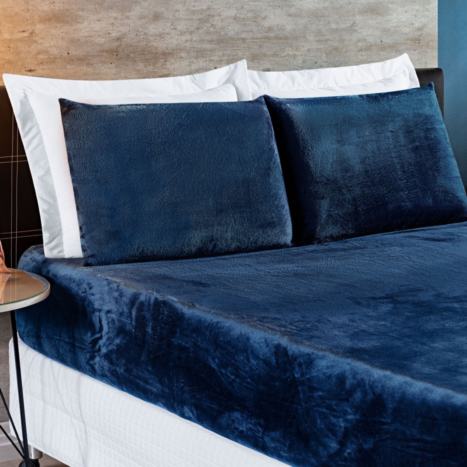 Jogo Cama Lençol Casa Scarpa BiaSoft Queen Manta Flannel Quente 3 Peças - Azul Marinho
