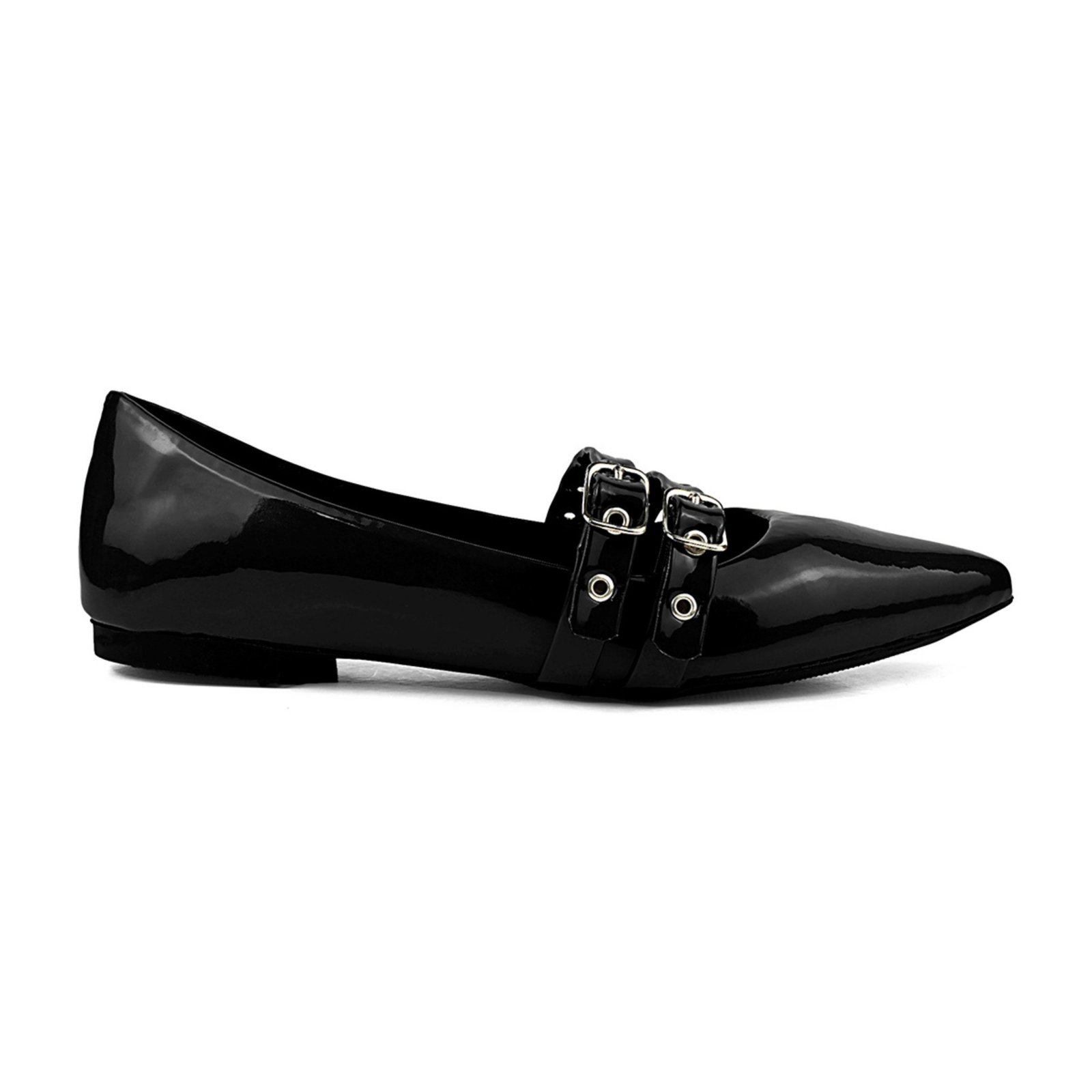 Sapatilha Bico fino Feminina Conforto Casual Confortável Verniz Fivela Preto