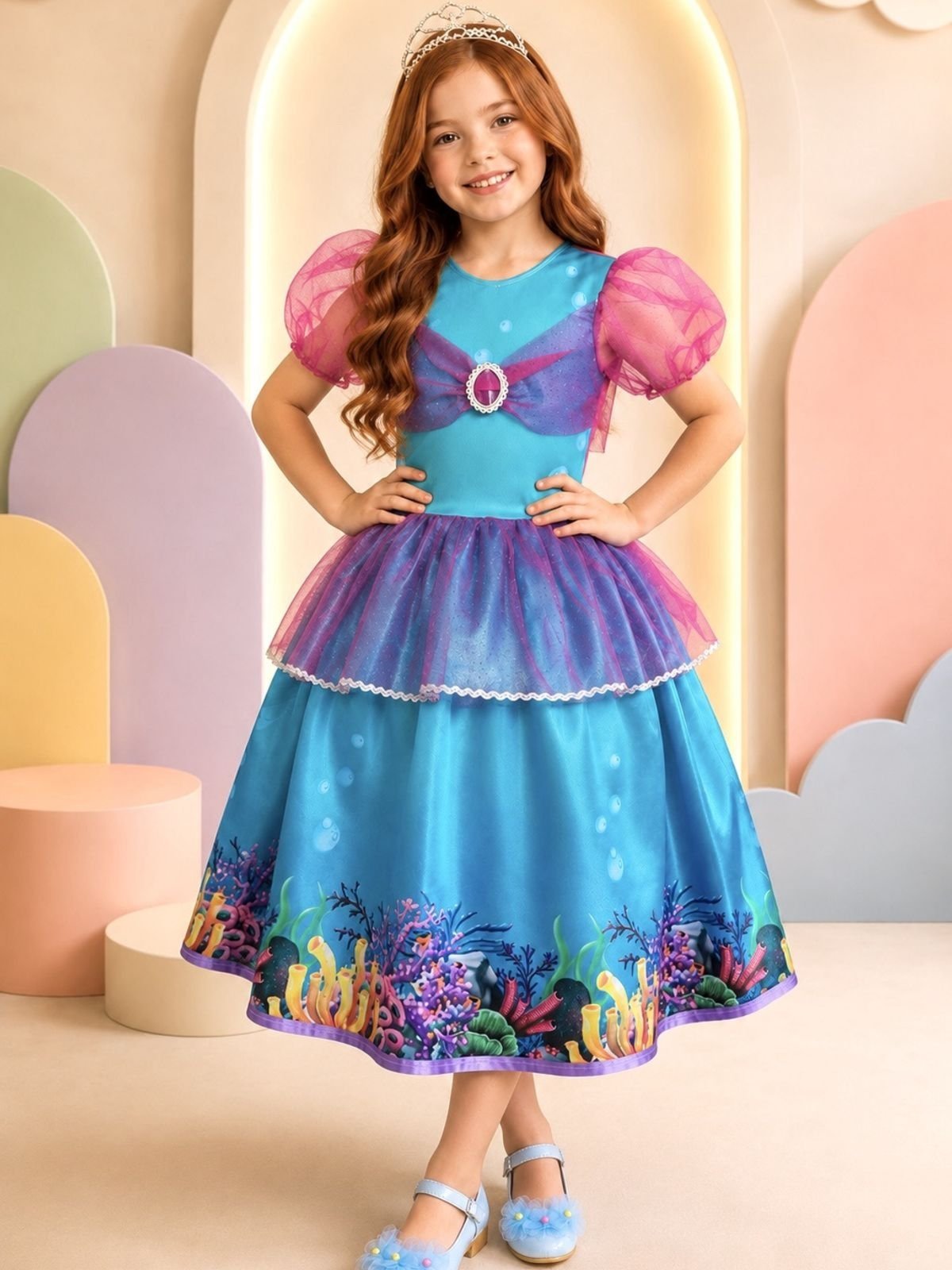 Infantil - Vestido Fantasia Princesa Sereia Princesas Carnaval Festa Dia das s Menina Luxo