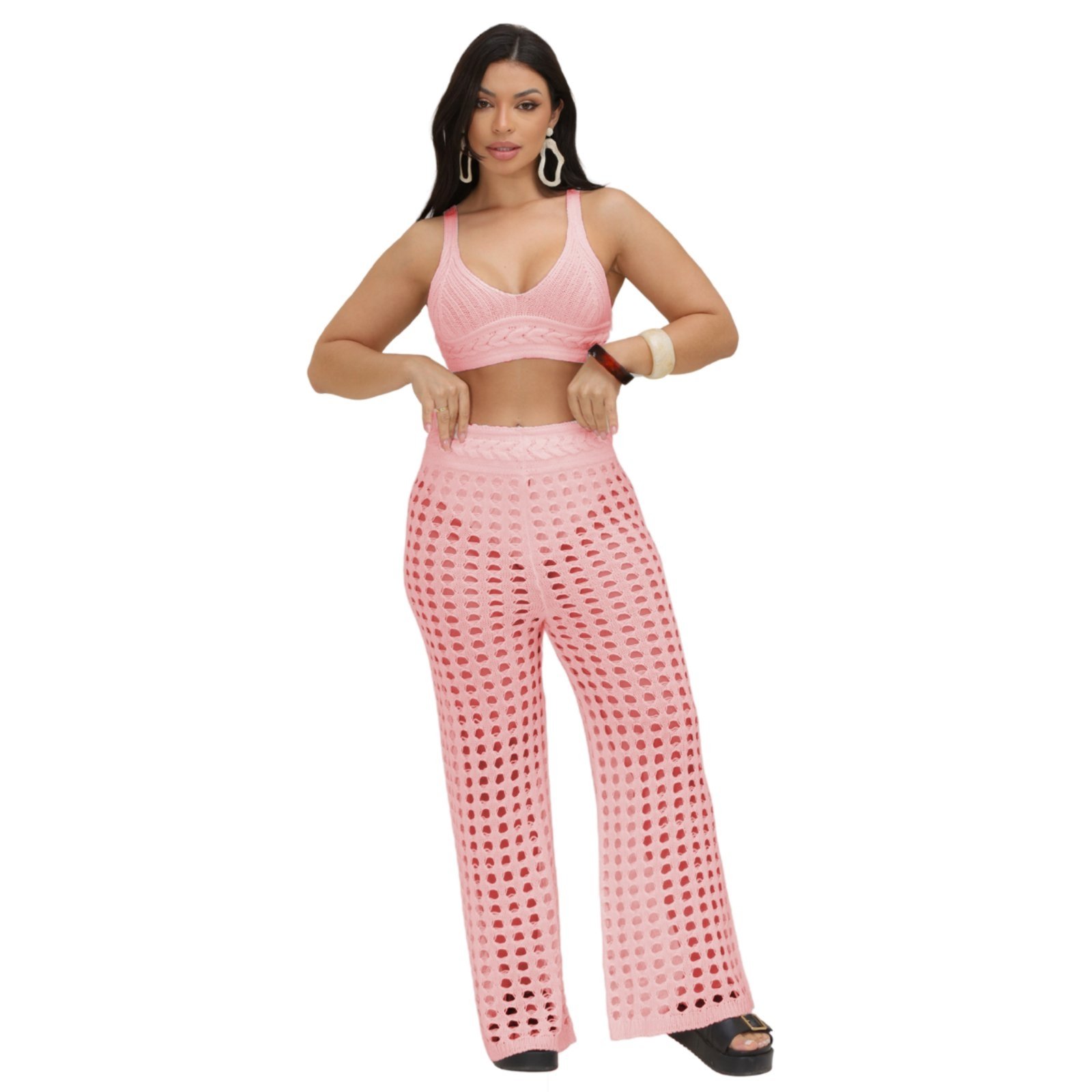 Conjunto Feminino Tricot 2 Peças Praia Verão Calça Rendada + Top
