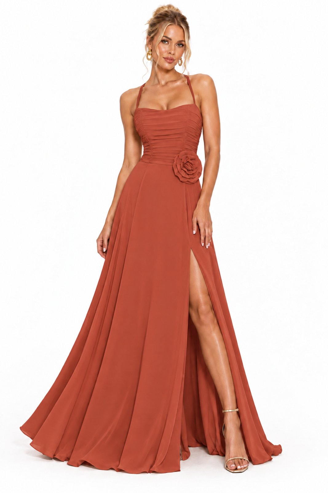 Vestido Longo D Bell Outlet Fashion Elegance Flower Terracota