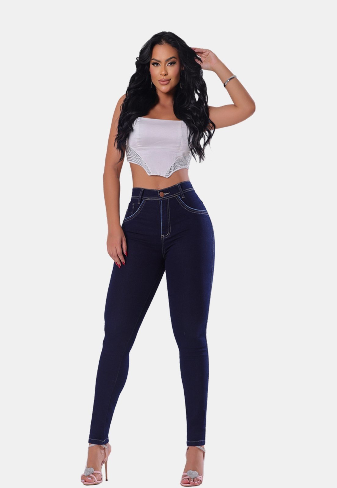 Jeans skinny cintura alta para mulheres, três botões, cinto estilo botão,  fivela, hip curve jean, tiro alto - AliExpress