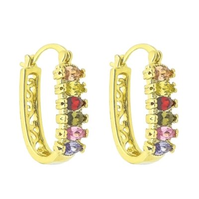 Brinco Argola Longa com Zircônias Coloridas 3RS semijoias Dourado Menor preço em Brinco Argola Longa com Zircônias Coloridas 3RS semijoias Dourado