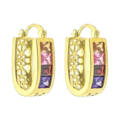 Brinco Argola Vazada Zircônias Coloridas 3RS semijoias Dourado Menor preço em Brinco Argola Vazada Zircônias Coloridas 3RS semijoias Dourado