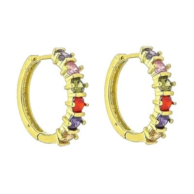 Brinco Argola com Zircônias Redondas Coloridas 3RS semijoias Dourado Menor preço em Brinco Argola com Zircônias Redondas Coloridas 3RS semijoias Dourado