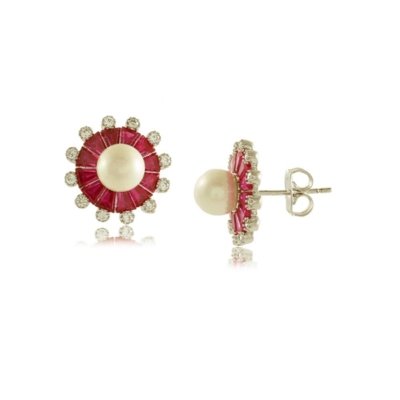 Brinco Redondo com Pérola e Zircônias Rosa 3RS Semijoias Ródio Menor preço em Brinco Redondo com Pérola e Zircônias Rosa 3RS Semijoias Ródio