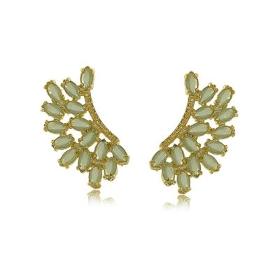 Brinco de Asas Estilizada com Cristais Verde Água 3RS semijoias Dourado Menor preço em Brinco de Asas Estilizada com Cristais Verde Água 3RS semijoias Dourado