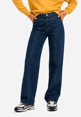 Calça Reta com Recortes Jeans - Azul Escuro