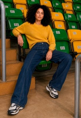 Calça Reta com Recortes Jeans - Azul Escuro