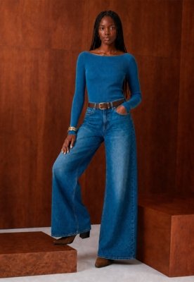 Calça Wide Leg Jeans - Azul Médio
