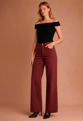 Calça Wide Leg Sarja - Vinho